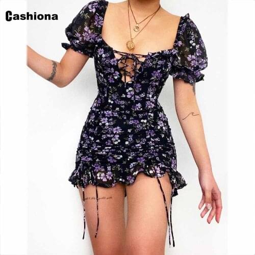 Cashiona Women Bohemian Flower Print Dress Short Sleeve Female Casual Skinny Party Dress 2021 Summer Lace-Up Short Dresses Femme