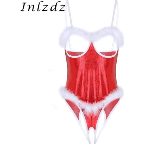 Womens Lingerie Crotchless Teddy Bodysuit Shiny Metallic Christmas Adjustable Spaghetti Shoulder Straps Ladies Open Cup Bodysuit