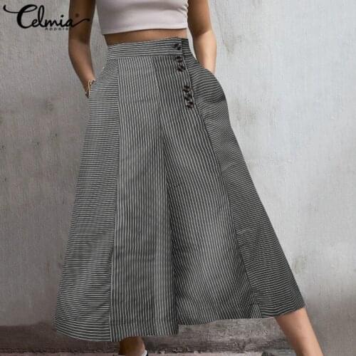 Celmia Autumn Striped Wide Leg Pants Women Fashion High Waist Pockets Casual Trousers Office Pantalon Plus Size Elegant Palazzo