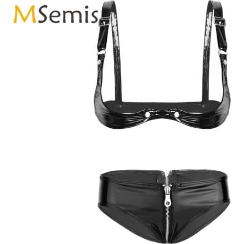 2Pcs Womens Wet Look Patent Leather Bikini Lingerie Set Open Cup Bra Top with Zipper Crotch Low Rise Bikini Briefs Underwear
