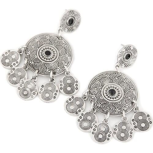 Ethnic Vintage Round Shape Drop Earrings Women Bohemia Antique Gold/Silver Plated Dangle Earring Fashion Jewelry