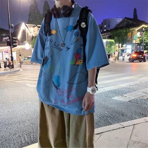 Blue Oversized T Shirt Men Japanese Harajuku Tops Streetwear Funny Casual Short Sleeve Funny Tops Summer Japan Tshirts Males