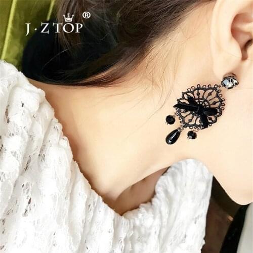 JZTOP Women Black Openwork Lace Bow Stud Earrings Fashion Long Crystal Pendant Earrings Gothic Bijoux Accessories