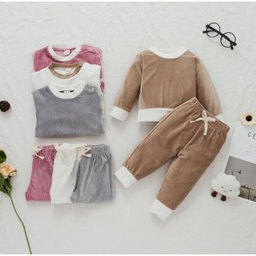 FOCUSNORM Newborn Baby Boy Girl Clothes Sets Corduroy Outwear Solid Long Sleeve Pullover Tops Pant 2PCS 0-24M