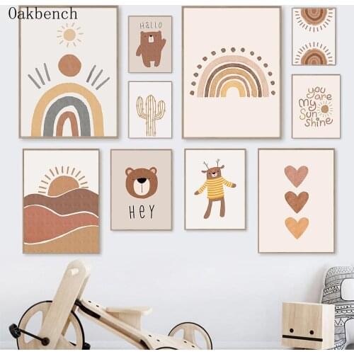 Nursery Wall Art Print Rainbow Canvas Painting Bear Alpaca Art Poster Cactus Prints Boho Wall Pictures Baby Kids Room Decoration