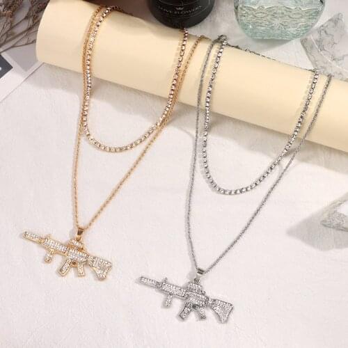 Punk Multilayered Shining Pistol AK47 Pendant Rope Chain Necklace For Women Crystal Rhinestones Tennis Chain Choker Rock Jewelry