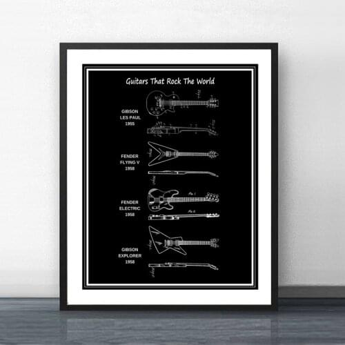 Electric Guitar Patent Vintage Posters and Prints Guitar Player Gift Guitar Blueprint Painting Pictures Bedroom Wall Art Decor