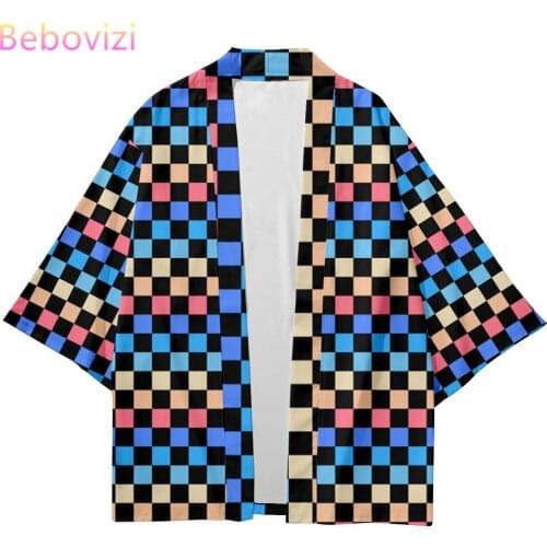 Plus Size 4XL 6xl Blue Checkerboard Street Fashion Beach Japanese Kimono Robe Cardigan Men Shirts Yukata Haori Womens Clothing
