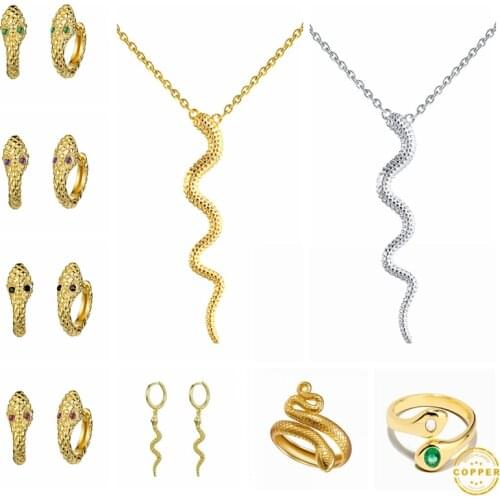 Luxury Copper Snake Hoop Earrings Finger Rings For Women Vintage Serpiente Pendant Necklace Circle Earring Anillos Jewerly Set