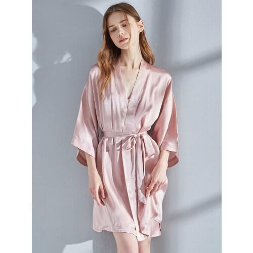 Silk Robe Women Nightgown Pink Bride Bridesmaid Wedding Robe Kimono 2PC Set Nightdress Pure Silk Sleeping Dress Bathrobe Women