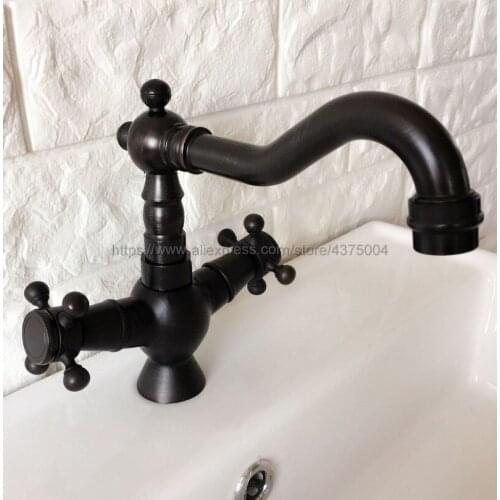 Basin Faucets Oil Rubbed Bronze Deck Mounted Bathroom Sink Faucet Swivel Spout Double Cross Handle Mixer Taps Nnf360