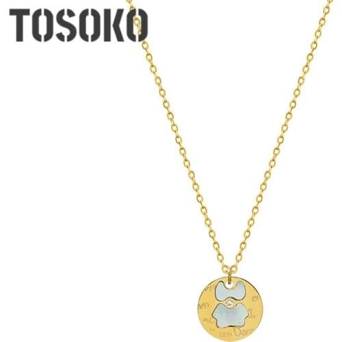 TOSOKO Stainless Steel Jewelry White Sea Shell Zircon Necklace Cute Female Clavicle Chain BSP949