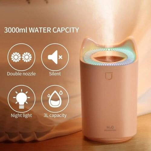 3000ML Home Air Humidifier Double Nozzle Cool Mist Aroma Diffuser with Coloful LED light Heavy fog Ultrasonic USB Humidificador