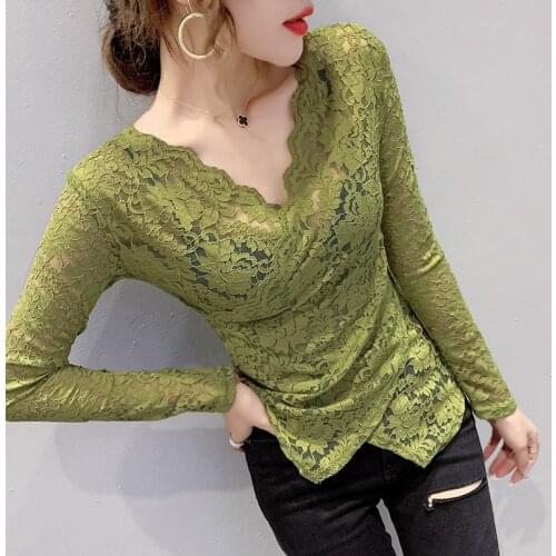 Women Blouse Lace Long Sleeve 2021 New Sexy V-neck lace top fashion Blouse Shirts harajuku shirt Lace Flowers Women Clothes 77J
