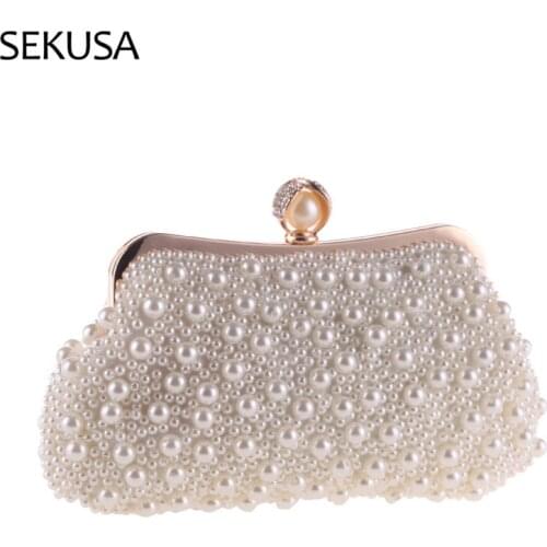 Womens Clutch Bag Crystal Pearl Clutch Purse Luxury Handbag Embroidery Evening Bag Wedding Bag for Bridal Shoulder Bag
