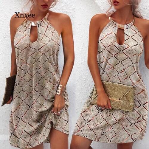 Printed Metal Halter Neck Dress Fashion Mini Bodycon A Line Slim Loose Sleeveless Dresses Women Summer Robe Clothing Outfits