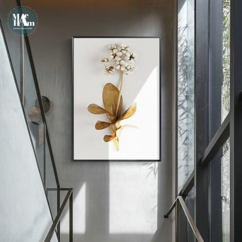 Golden plant leaves and flowers Wall art canvas painting Wall Pictures for Living Room Nordic Decoration Pictures morden decor