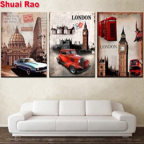 London Street 3 Piece diamond painting full square/round 5 d diamond embroidery Big Ben Red Bus Triptych diy diamond mosaic art