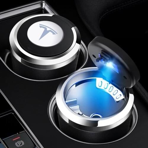Car Ashtray With Blue LED Light Push Type Ashtray For Tesla Model 3 Model X Model S Y Logo Portable Cigarette Cylinder Holder