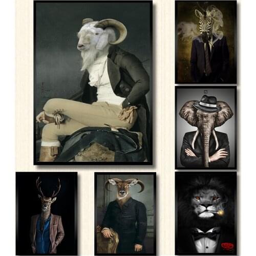 Nordic Animals Vintage Big Canvas Painting Art Goat Elk Lion Elephant Posters And Prints Wall Canvas Picture For Living Room