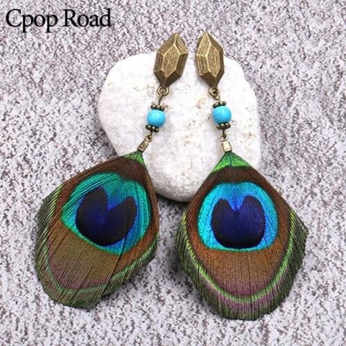 Cpop Ethnic Feather Peacock Earrings Fashion Jewelry for Women Resin Bead Vintage Statement Bohemian Earring Peacock Jewelry New