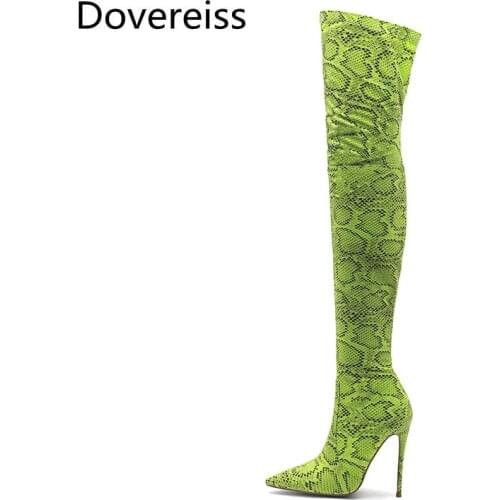 Dovereiss Fashion Womens Shoes Winter Pointed Toe Stilettos Heels Sexy Elegant Snakeskin green orang Over the knee boots 33-45