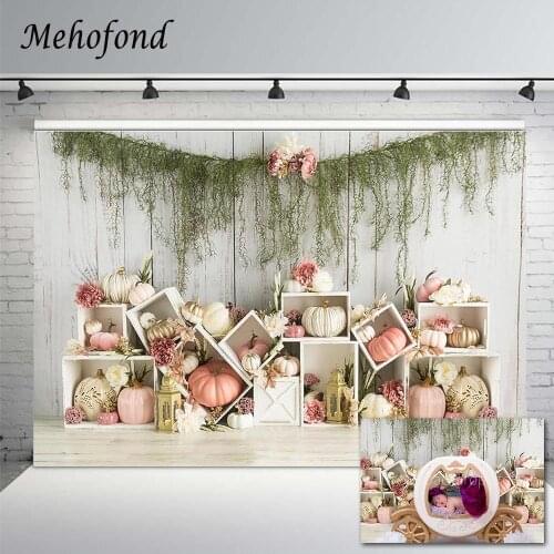 Mehofond Pumpkin Photography Backdrops Spring Green Plants White Wooden Newborn Baby Portrait Photo Background Studio Photocall