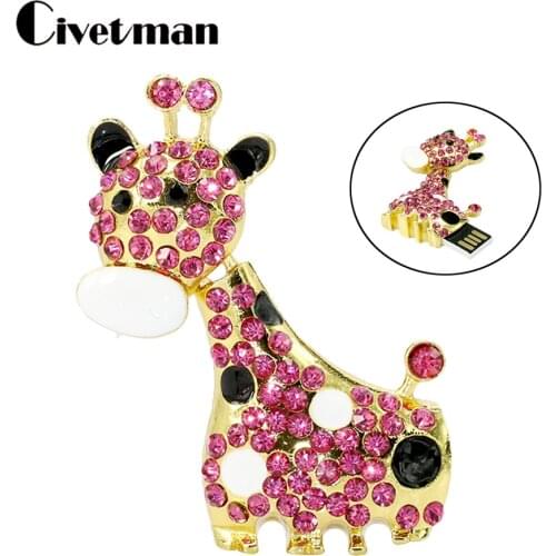 Crystal Pendant Giraffe Pen Drive 128GB Deer USB Flash Drive 8GB 16GB 32GB 64GB 256G USB 2.0 Flash Thumb Drive Memory Stick Disk