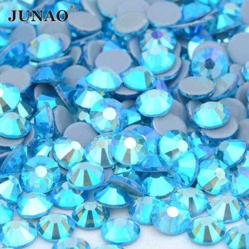 JUNAO SS6 8 10 16 20 30 Aquamarine AB Glass Iron On Rhinestone Glitter Hotfix Crystal Strass Flatback Hot Fix Stone for Clothes