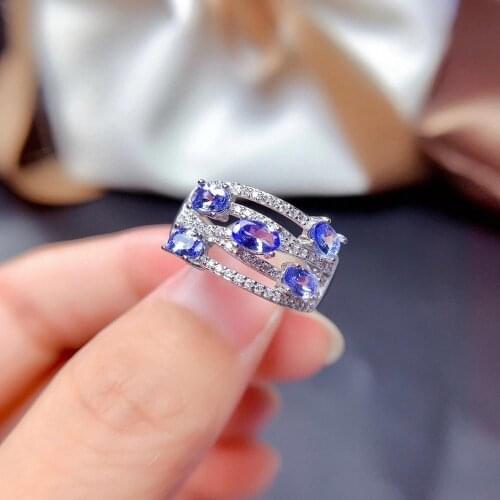 Luxurious big width row geometry Natural blue tanzanite Ring S925 Silver Natural Gemstone Ring Womens party gift fine Jewelry