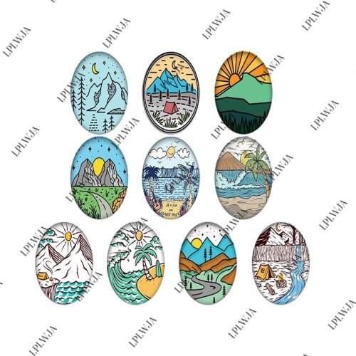 LPLWJA Beach River Landscape Tree Oval Shape Glass Cabochon 10pcs Mixed Photo Flatback Beads Demo Flat Back Making Findings
