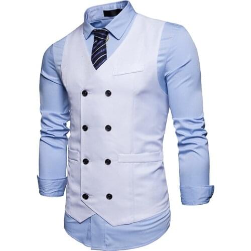 Mens Double Breasted Waistcoat 2020 Spring New Slim Fit V Neck Sleelveless Vest Men Business Wedding Formal Vests Male Gilet 2XL