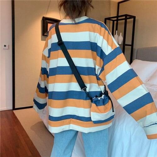 2021 new spring autumn mens womens pullover All-match striped plus velvet thick long-sleeved T-shirt Korean loose Couples tops