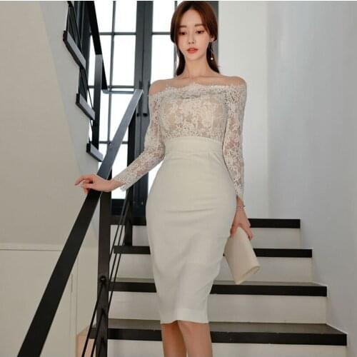 New arrival fashion korean spring midi party dress women OL temperament lace perspective sexy off-shoulder holiday pencil dress