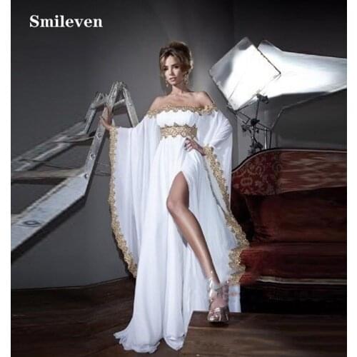 Smileven Pakistan Formal Evening Dresses Off The Shoulder With Gold Appliques Chiffon African Prom Gowns Side Split Party Gowns