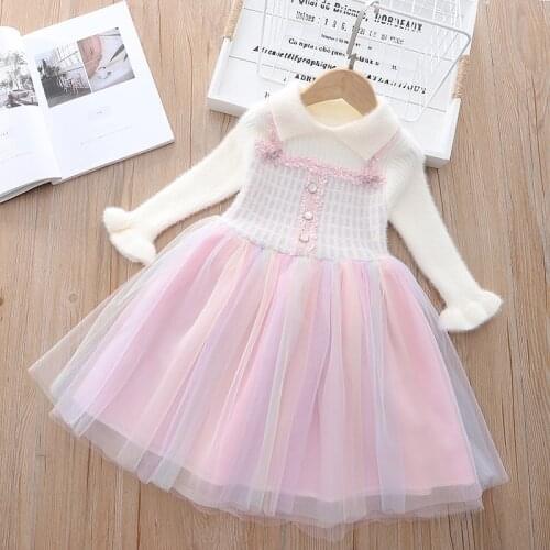 Girls' dresses for fall/winter 2021 new knitted sweater plaid color net yarn princess dress girls knitted birthday party dress