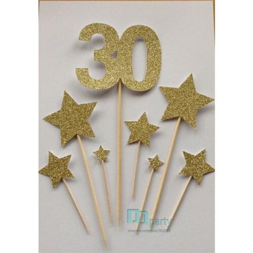 Custom number Gold 30th Birthday Cake Toppers, Gold Glitter 30 & Star Cake Toppers, Birthday Cake Toppers, Assortment Pack