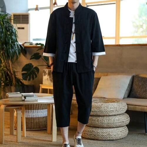 Mens Traditional Chinese Clothing Sets Solid Cotton Linen Shirt + Chinese Pants Tai Chi Uniform Kung Fu Suit Bruce Lee CN-160