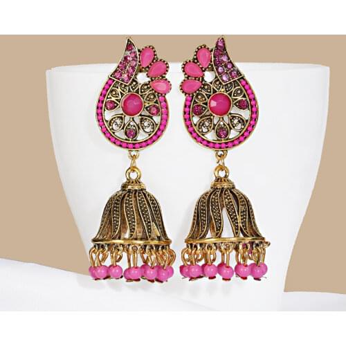Vintage Boho Gypsy Pink Peacock Bollywood Indian Earrings Brincos Womens Jewelry Retro Gold Hollow Ladies Earrings Orecchini
