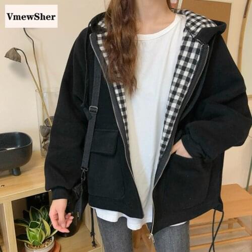 VmewSher Patchwork Plaid Women Hoodies Autumn Winter New Pockets Loose Jacket Preppy Style Female Drawstring Hooded Cotton Coat