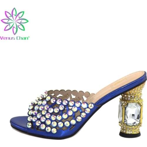 Ins Hot Selling Nigerian Women Slipper Italian Comfortable Heels with Shinning Crystal For Royal Party Sweet Style for Wedding