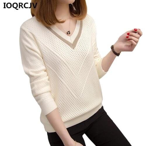 2019 New Autumn Winter Sweater Women Jumper Hollow Out V-neck Loose Knitted Pullover Sweater Long Sleeve Female Pull Femme R307