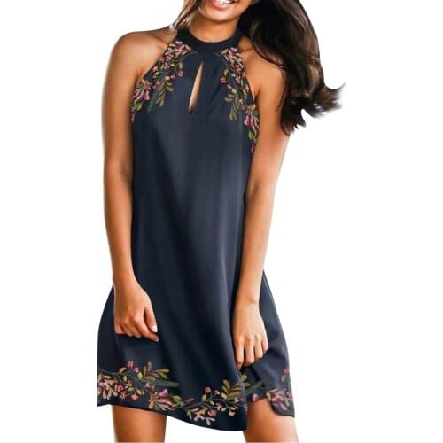 Vintage Floral Print Neck-mounted Mini Dress Women Elegant Sleeveless Personalized Dresses Lady Temperament Straight Vestido