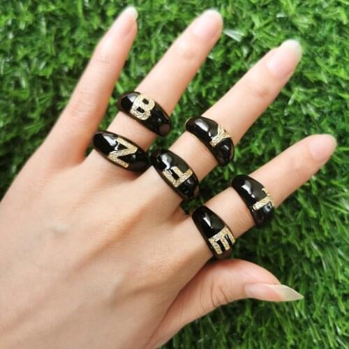 5Pcs High Quality Black Enamel CZ Paved Initials 26 Alphabet Diy Name Ring For Women Fashion Jewelry CZ Letter Finger Ring
