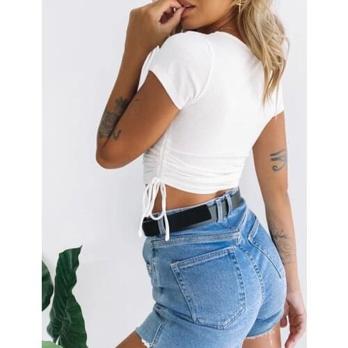 2021 Design Summer Casual Ribbed White Solid Base T shirt Print Elastic Twist Short Sleeve Slim Womens T-shirts Tees