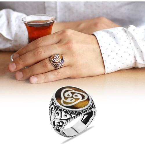 Tesbihane Ivory On Tortoiseshell Inlaid pcs set "Woah" Motif Handwork 925 Sterling Silver Ring