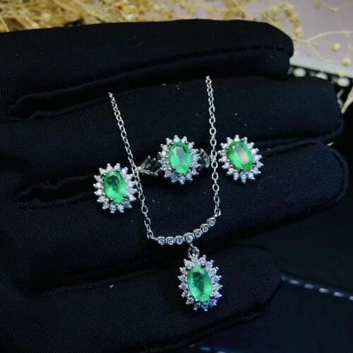 Natural green emerald ring Pendant Earrings Natural Gemstone Jewelry Set S925 Silver fashion Diana Smiling Women party jewelry