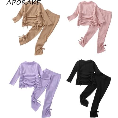 2021 0-6Y Fashion Kids Baby Girl Clothes Set Solid Color Bow Pleated Turtleneck Long Sleeve Top+Pants Spring Fall Cute Knit 2pcs