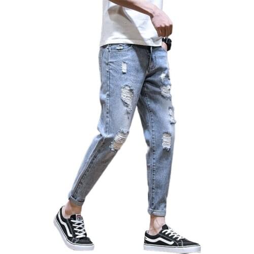 Fashion 2021 teenagers Denim Jeans mens brand summer thin Korean small feet hole beggar casual all-match teenager pencil pants