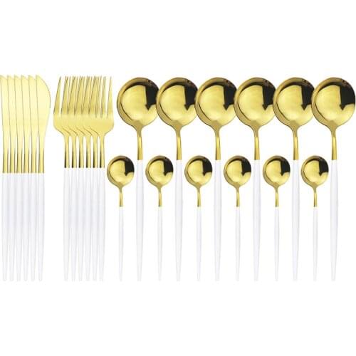 24Pcs/set Stainless Steel Dinnerware Set White Gold Cutlery Set Knife Fork Tea Spoon Dinner Set Kitchen Tableware Silverware Set